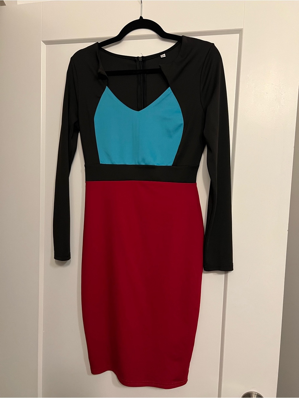 Amazon Colorblock Long-Sleeve Sheath Dress - Black, Teal & Red